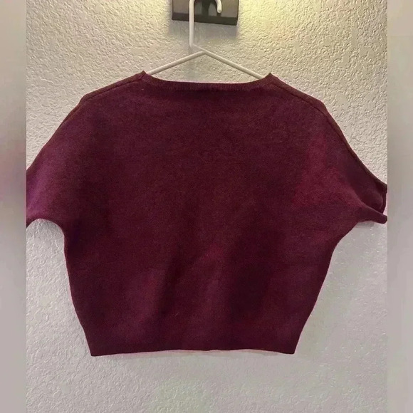 R Label Cropped Burgundy Wool Sweater Minimalist Short Sleeve Holiday Women’s S - Picture 2 of 6